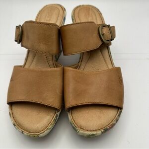 Born Women’s Brown Leather Wedge Sandals – 7M, Floral Print with Buckle Strap